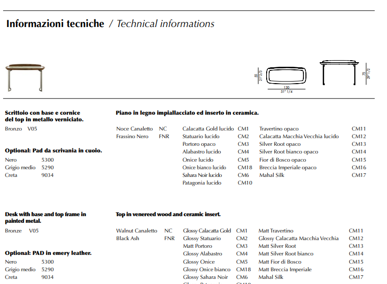 Technical information sheet showing desks with base, top frame in painted metal, wood, and leather options with color codes and measurements.